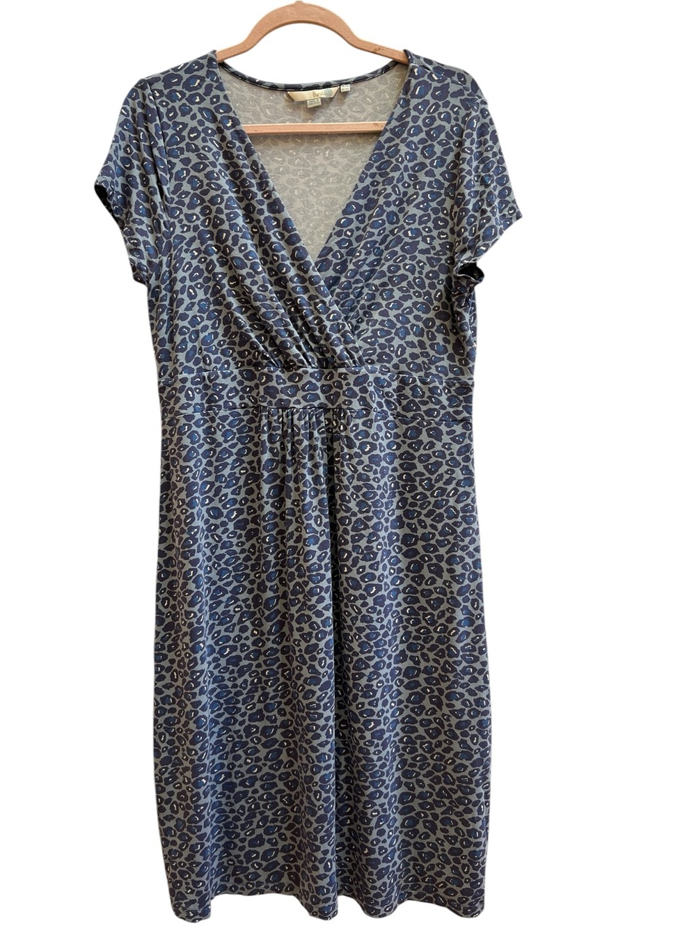 Boden Blue Leopard Print Faux Wrap Jersey Dress US 16 Made in Portugal
